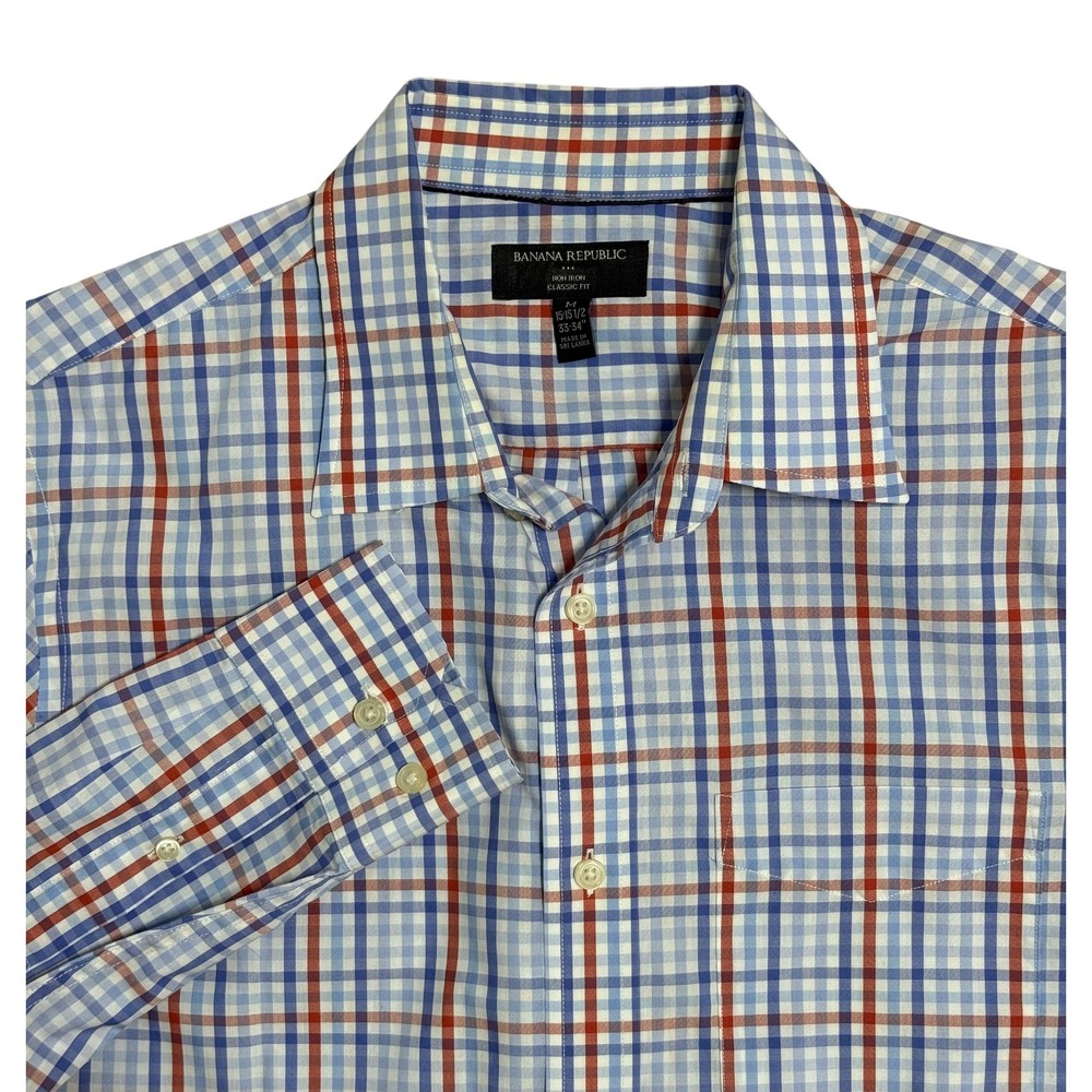 Banana Republic Long Sleeve Shirt Mens M 15.5 33/34 Blue Red Checker Classic Fit